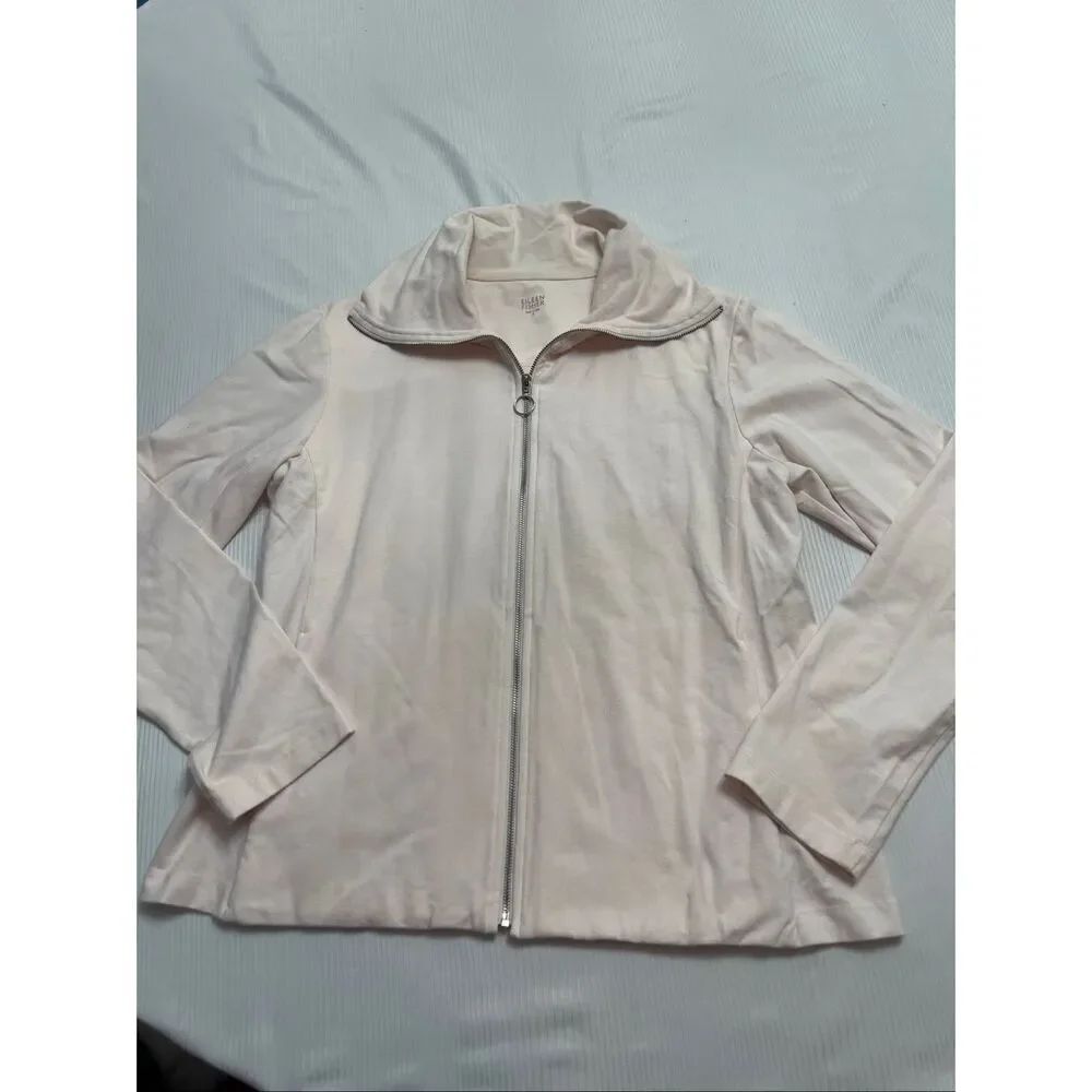 Eileen Fisher Organic Boxy Cardigan Jacket Light Pink Stand Collar Zip Up Small